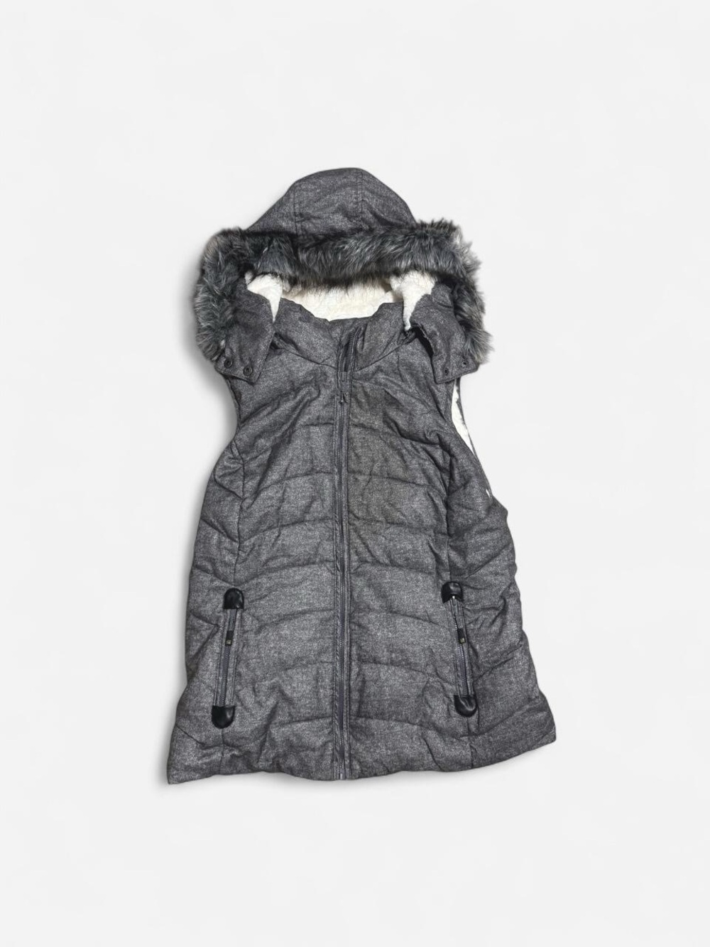 GreenTea Girls Quilted Hooded Puffer Vest with Faux Fur Trim - Gray